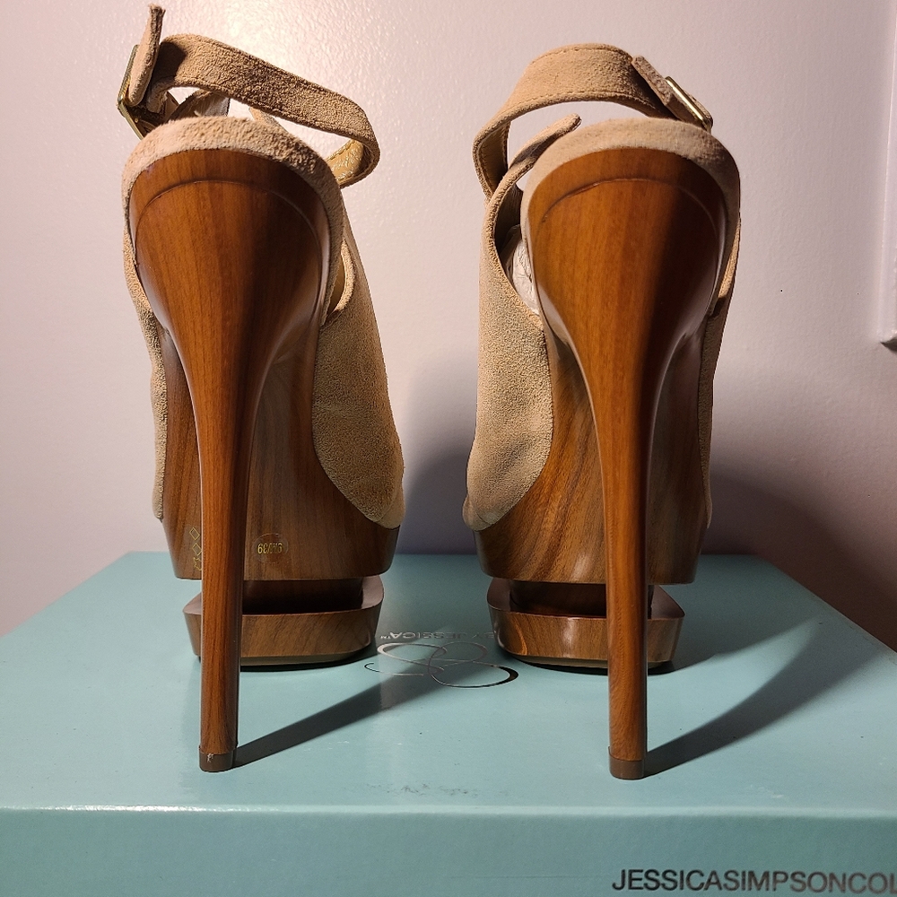 Jessica Simpson Elegant Tan Peep-Toe Cow Split Suede Heels Womens Size 9 - Picture 3 of 7